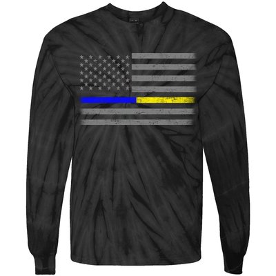 Thin Blue Gold Line Police Dispatcher Flag Tie-Dye Long Sleeve Shirt