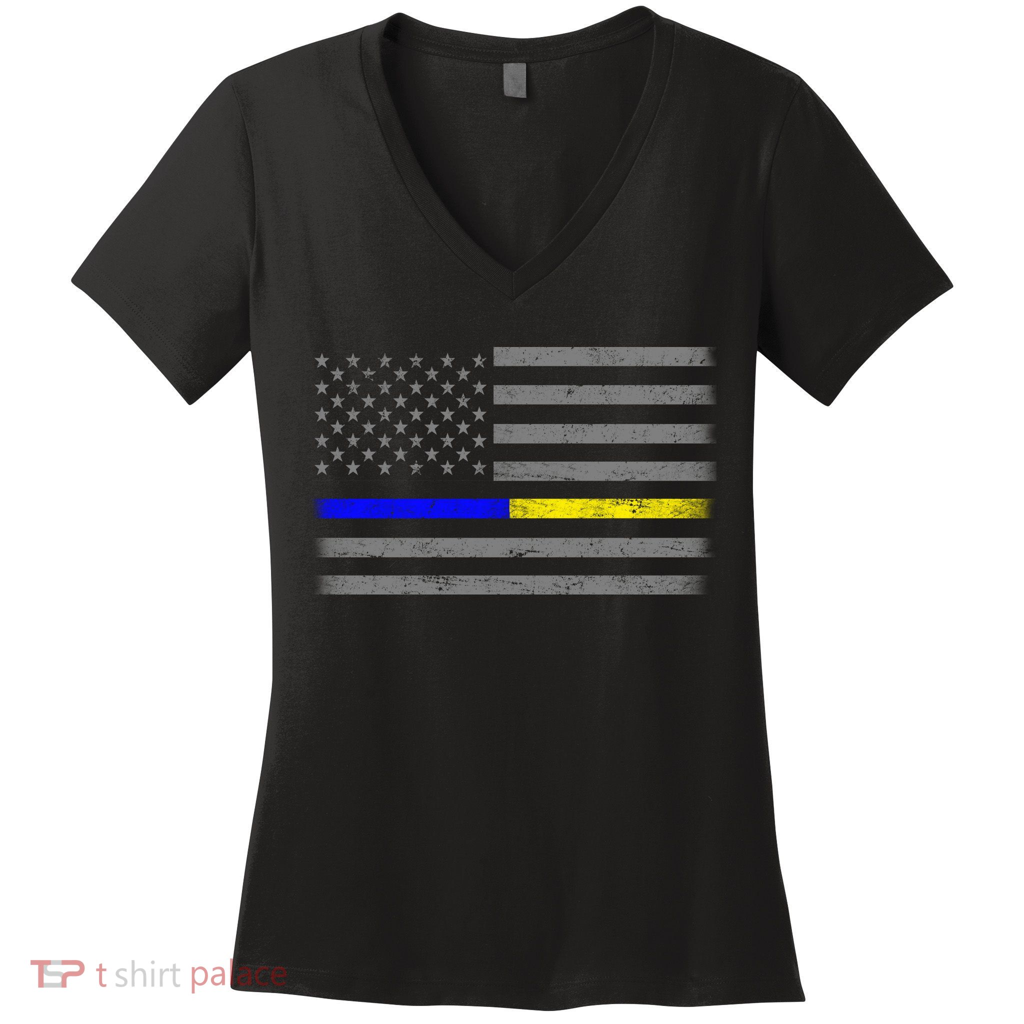 Thin Blue Gold Line Police Dispatcher Flag Women's V-Neck T-Shirt