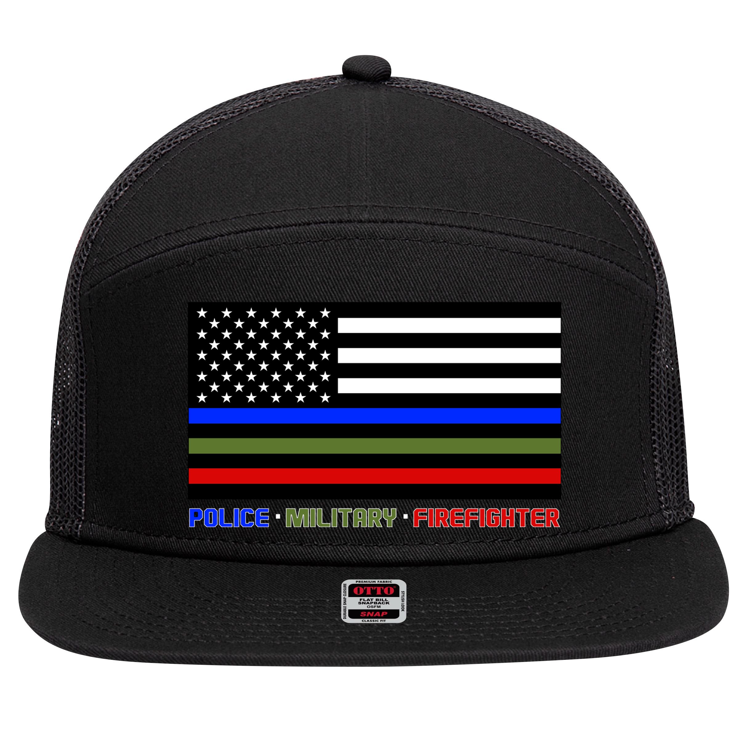 Thin Blue Green Red Lines Police Military Firefighter 7 Panel Mesh Trucker Snapback Hat