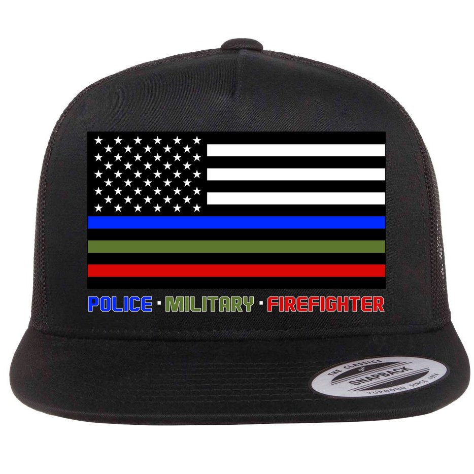 Thin Blue Green Red Lines Police Military Firefighter Flat Bill Trucker Hat
