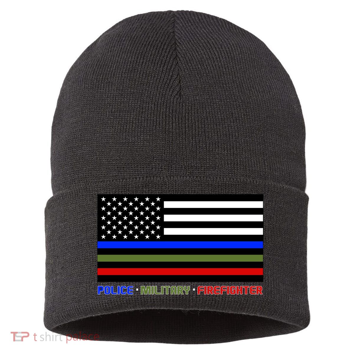 Thin Blue Green Red Lines Police Military Firefighter Sustainable Knit Beanie