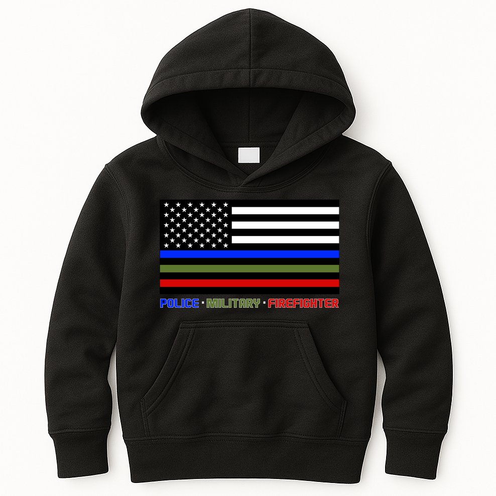 Thin Blue Green Red Lines Police Military Firefighter Kids Hoodie