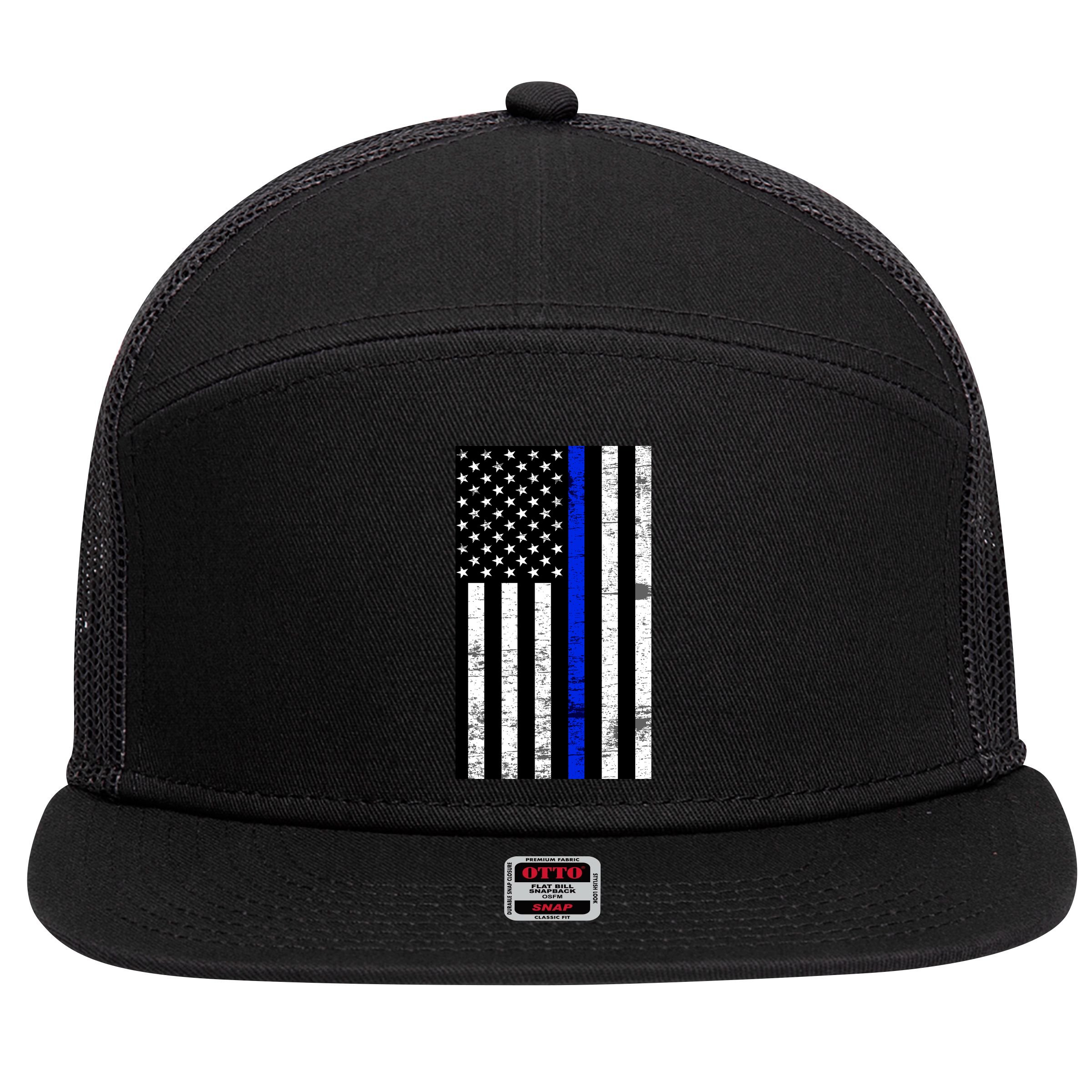 Thin Blue Line American Flag 7 Panel Mesh Trucker Snapback Hat
