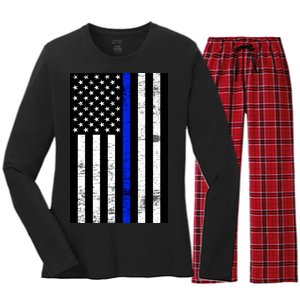 Thin Blue Line American Flag Women's Long Sleeve Flannel Pajama Set 