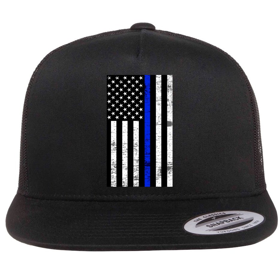 Thin Blue Line American Flag Flat Bill Trucker Hat