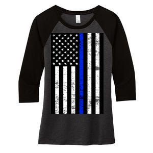 Thin Blue Line American Flag Women's Tri-Blend 3/4-Sleeve Raglan Shirt