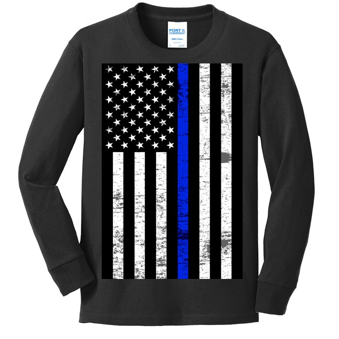 Thin Blue Line American Flag Kids Long Sleeve Shirt