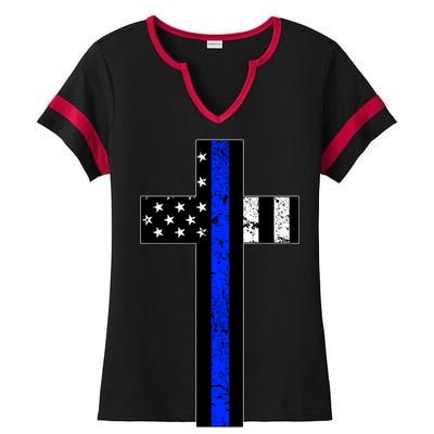 Thin Blue Line Cross Police Ladies Halftime Notch Neck Tee