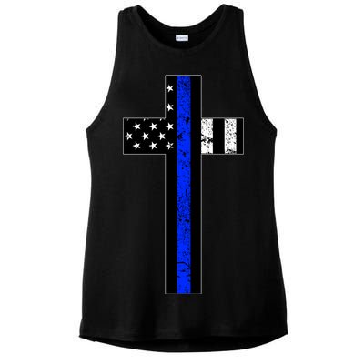 Thin Blue Line Cross Police Ladies PosiCharge Tri-Blend Wicking Tank