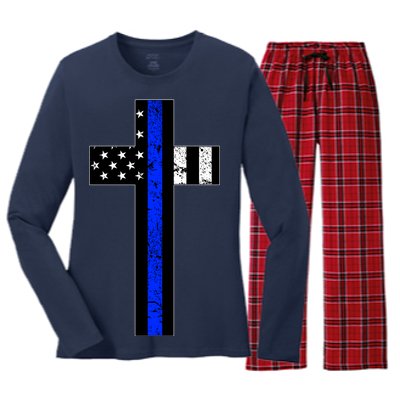 Thin Blue Line Cross Police Women's Long Sleeve Flannel Pajama Set 