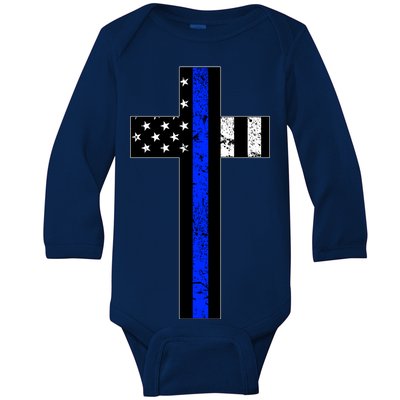 Thin Blue Line Cross Police Baby Long Sleeve Bodysuit