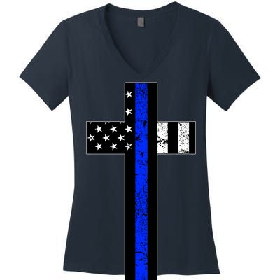 Thin Blue Line Cross Police Women's V-Neck T-Shirt