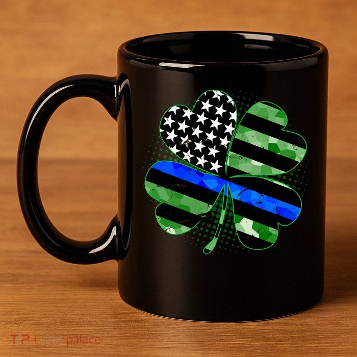 Thin Blue Line St Patrick's Day Irish Clover 11oz C Handle Ceramic Mug