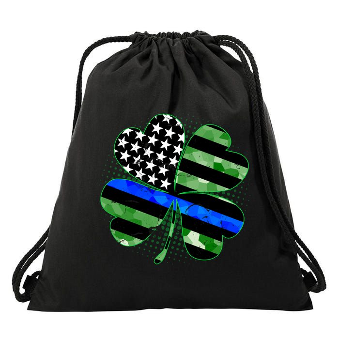 Thin Blue Line St Patrick's Day Irish Clover Drawstring Bag