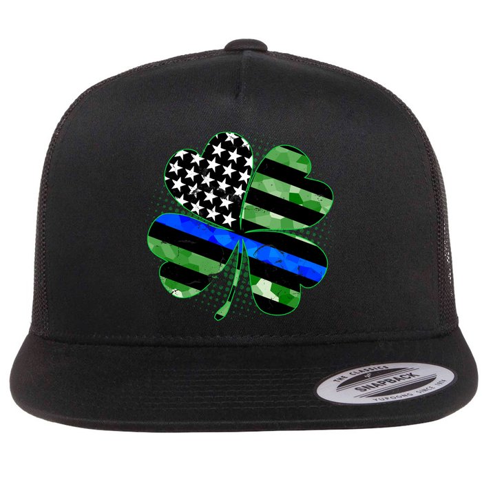 Thin Blue Line St Patrick's Day Irish Clover Flat Bill Trucker Hat