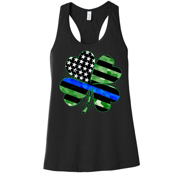 Thin Blue Line St Patrick's Day Irish Clover Women's Racerback Tank