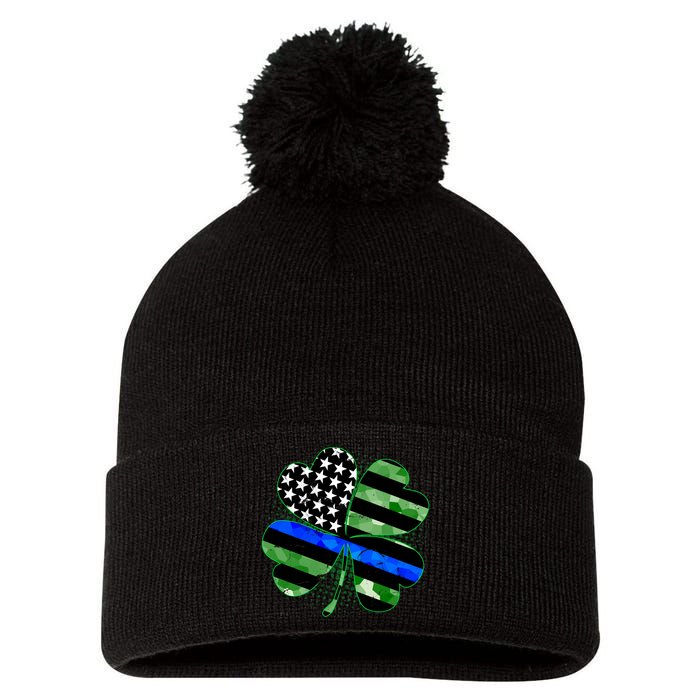 Thin Blue Line St Patrick's Day Irish Clover Pom Pom 12in Knit Beanie