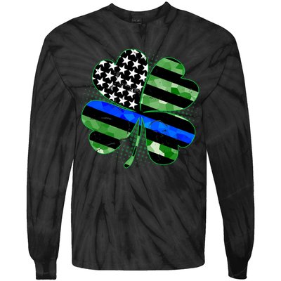 Thin Blue Line St Patrick's Day Irish Clover Tie-Dye Long Sleeve Shirt