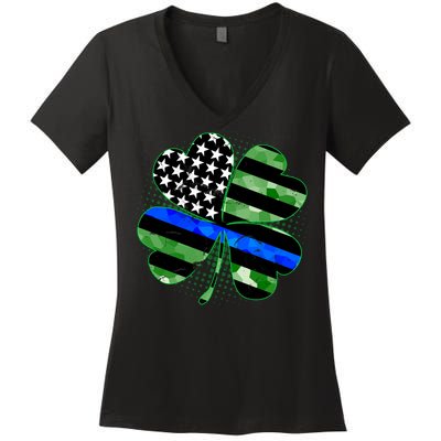 Thin Blue Line St Patrick's Day Irish Clover Women's V-Neck T-Shirt