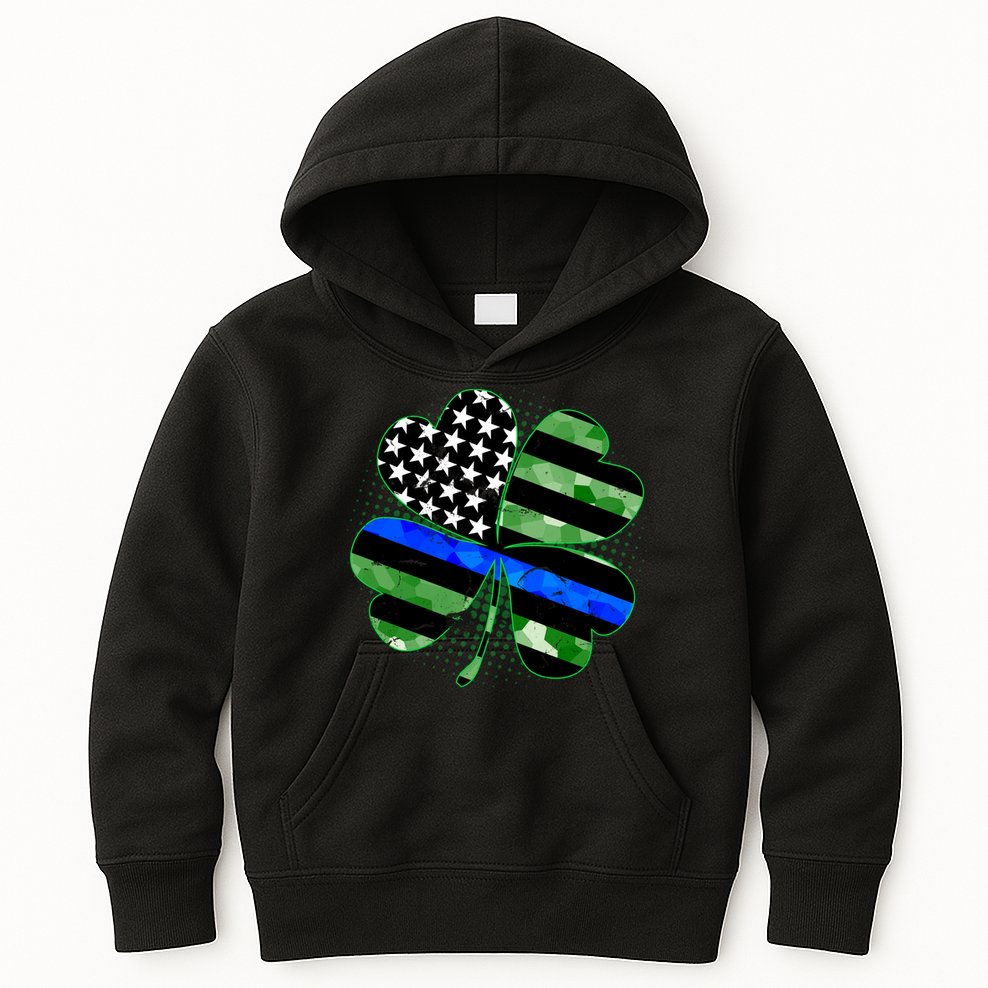 Thin Blue Line St Patrick's Day Irish Clover Kids Hoodie