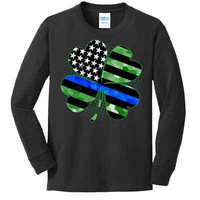 Thin Blue Line St Patrick's Day Irish Clover Kids Long Sleeve Shirt