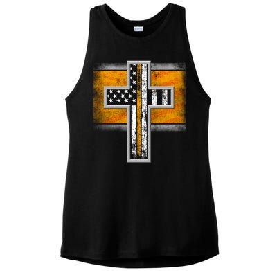 Thin Gold Line Cross Flag Support Front line Workers Ladies PosiCharge Tri-Blend Wicking Tank