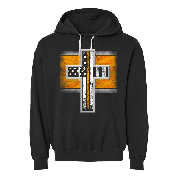 Thin Gold Line Cross Flag Support Front line Workers Garment-Dyed Fleece Hoodie