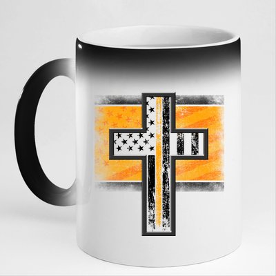 Thin Gold Line Cross Flag Support Front line Workers 11oz Black Color Changing Mug