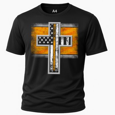 Thin Gold Line Cross Flag Support Front line Workers Performance Shirt