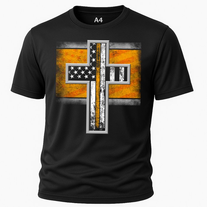 Thin Gold Line Cross Flag Support Front line Workers Performance Shirt