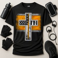 Thin Gold Line Cross Flag Support Front line Workers Performance Shirt