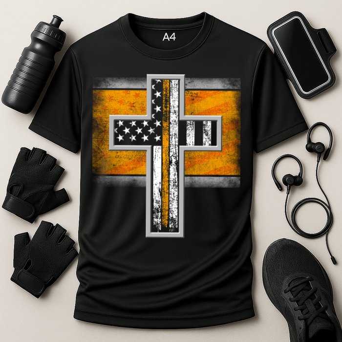 Thin Gold Line Cross Flag Support Front line Workers Performance Shirt