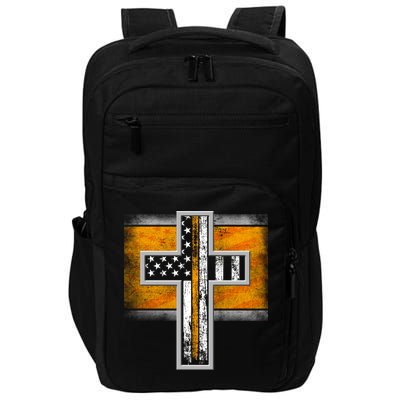 Thin Gold Line Cross Flag Support Front line Workers Impact Tech Backpack
