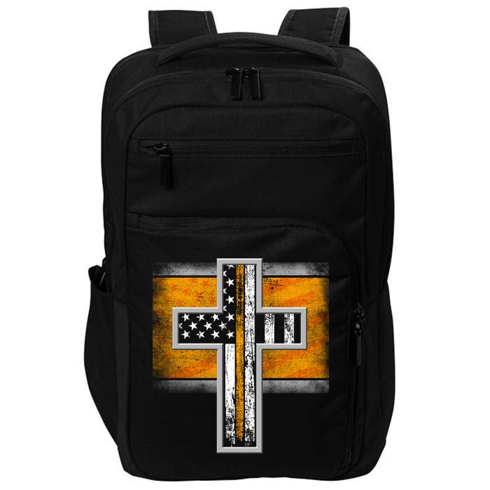 Thin Gold Line Cross Flag Support Front line Workers Impact Tech Backpack