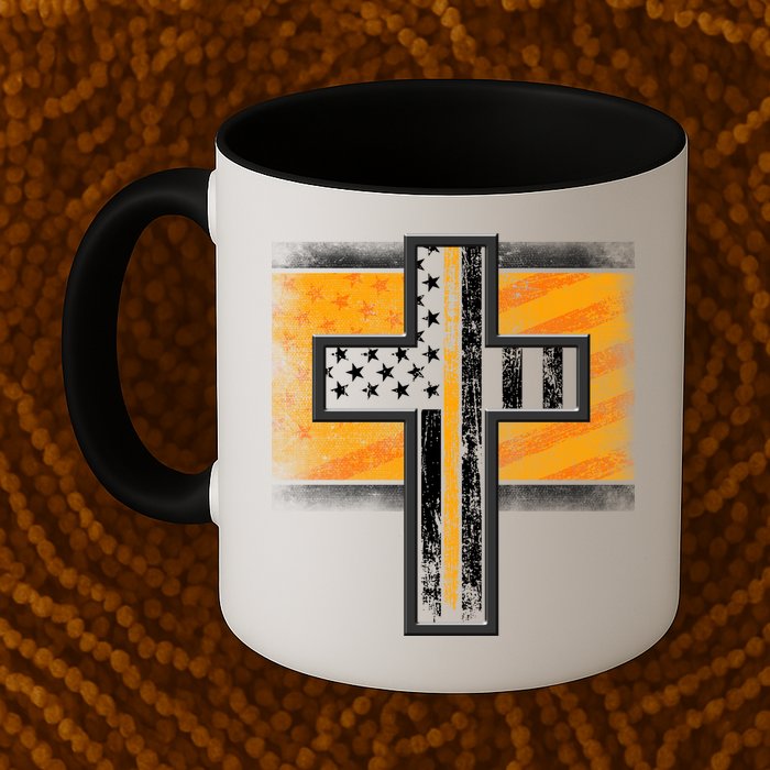 Thin Gold Line Cross Flag Support Front line Workers Mug