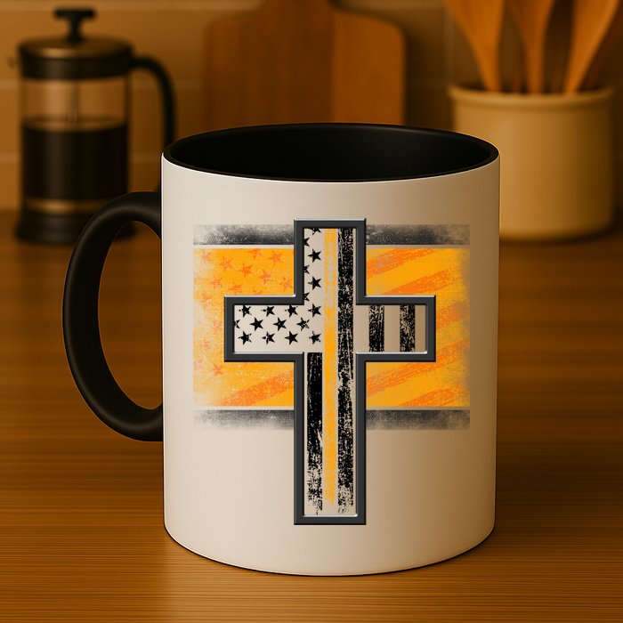 Thin Gold Line Cross Flag Support Front line Workers Mug
