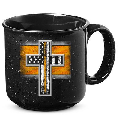 Thin Gold Line Cross Flag Support Front line Workers 15oz Campfire Ceramic Mug