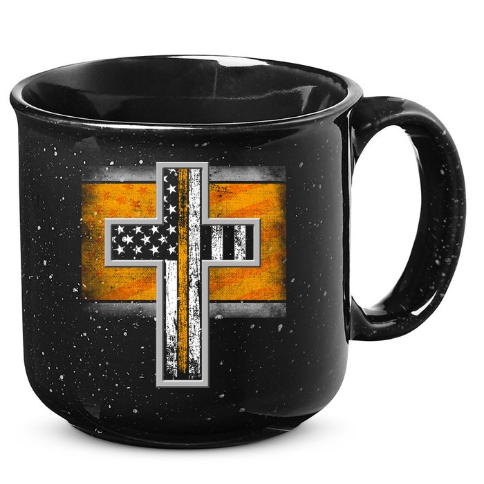 Thin Gold Line Cross Flag Support Front line Workers 15oz Campfire Ceramic Mug