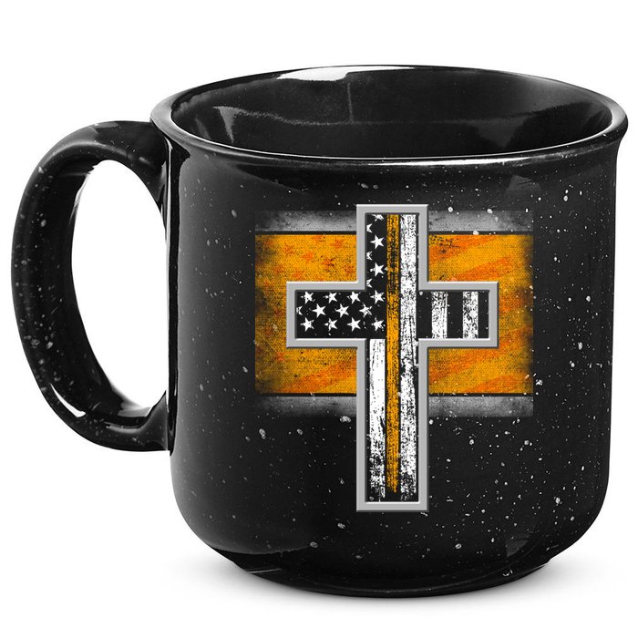Thin Gold Line Cross Flag Support Front line Workers 15oz Campfire Ceramic Mug