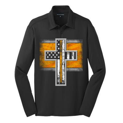 Thin Gold Line Cross Flag Support Front line Workers Silk Touch Performance Long Sleeve Polo