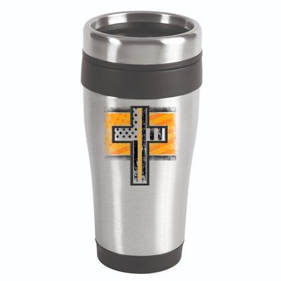 Thin Gold Line Cross Flag Support Front line Workers 16oz Travel Tumbler