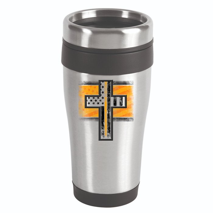 Thin Gold Line Cross Flag Support Front line Workers 16oz Travel Tumbler
