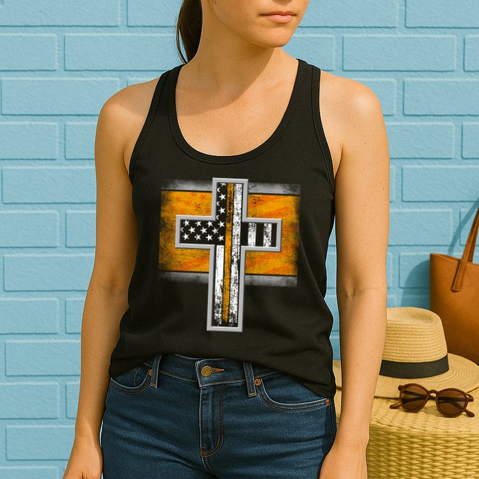 Thin Gold Line Cross Flag Support Front line Workers Womens Tank Top
