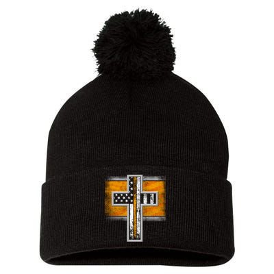 Thin Gold Line Cross Flag Support Front line Workers Pom Pom 12in Knit Beanie