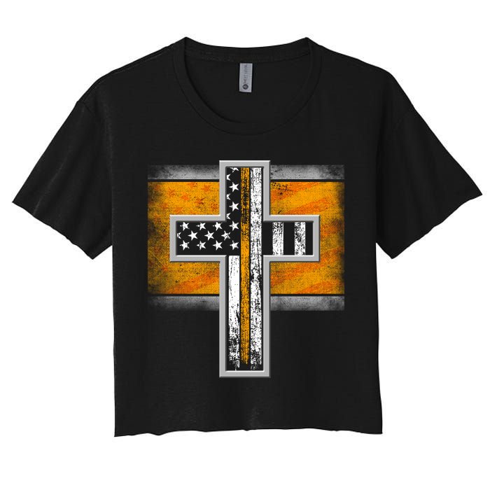 Thin Gold Line Cross Flag Support Front line Workers Crop Top