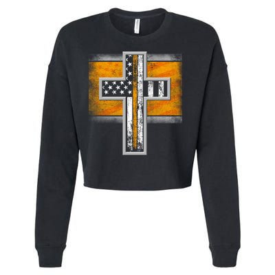 Thin Gold Line Cross Flag Support Front line Workers Cropped Pullover Crew