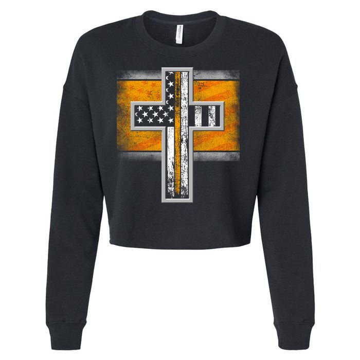 Thin Gold Line Cross Flag Support Front line Workers Cropped Pullover Crew