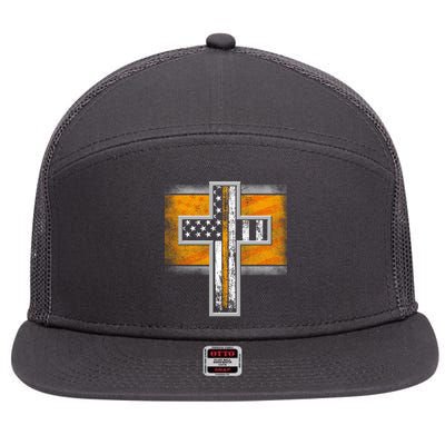 Thin Gold Line Cross Flag Support Front line Workers 7 Panel Mesh Trucker Snapback Hat