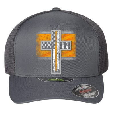 Thin Gold Line Cross Flag Support Front line Workers Flexfit Unipanel Trucker Cap