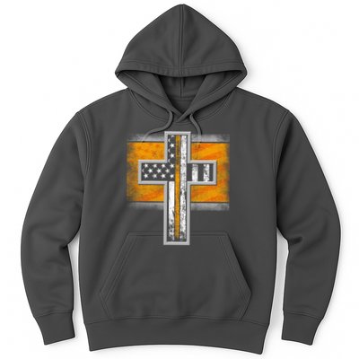 Thin Gold Line Cross Flag Support Front line Workers Hoodie